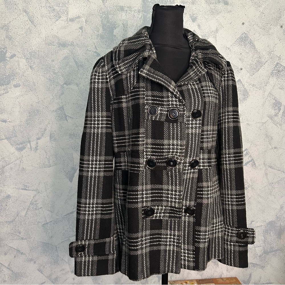 Juniors Hydraulic Double Breasted Button Front Lined Plaid Winter Coat Size L